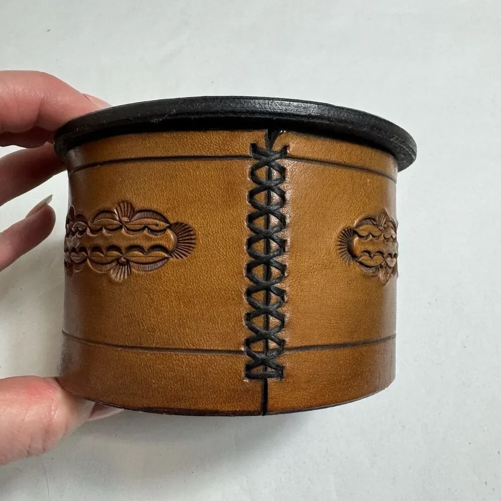 Vintage Leather Lidded Round Box Fur Lined 5 Inch Rare Trinket Jewelry Box